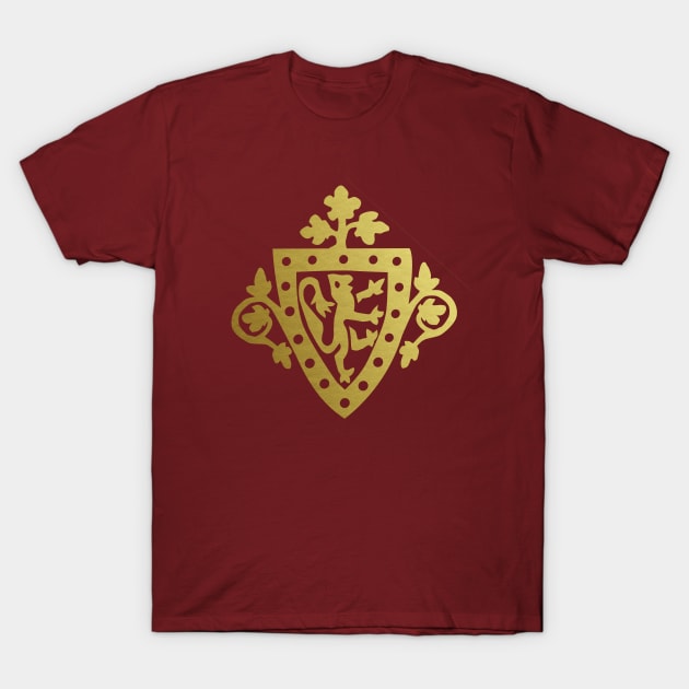 Medieval Style Metallic Gold Rampant Lion Shield T-Shirt by Pixelchicken